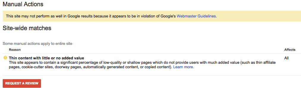 Google Search Console Manual Action Message