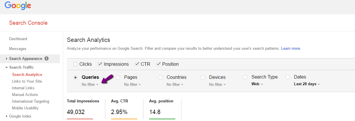 google search console query filters