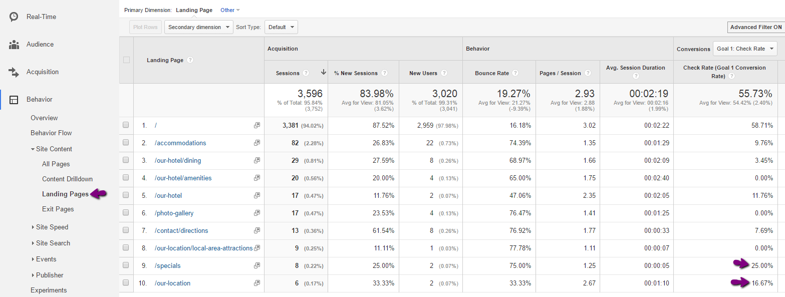 google analytics landing page report for hotel website