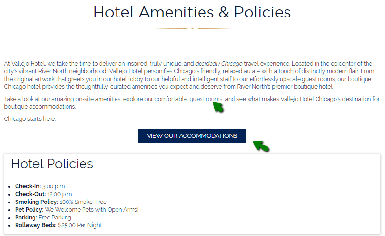 optimized website link from amenities page to conversion funnel