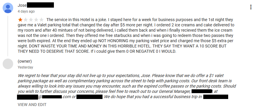 Negative Hotel Review Good Response