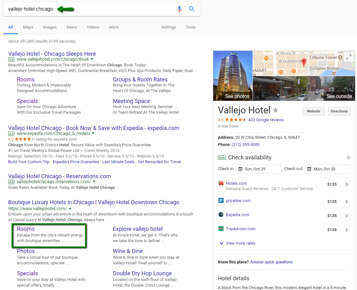 sitelinks for hotel website in google search