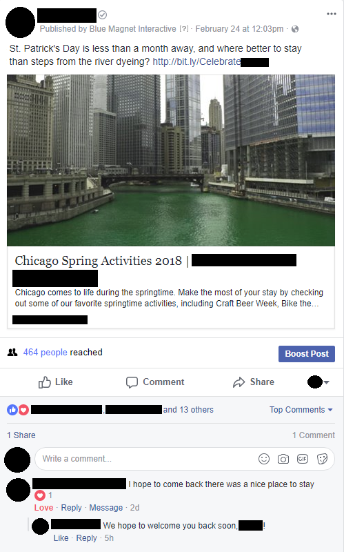 facebook post showing chicago st. patrick’s day river dyeing engagement