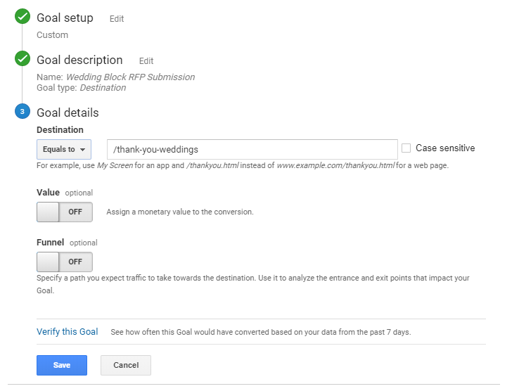 room block rfp goal in google analytics