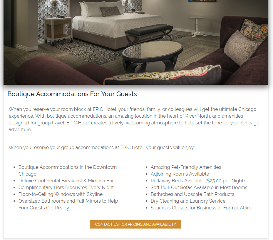 amenities content for hotel groups page