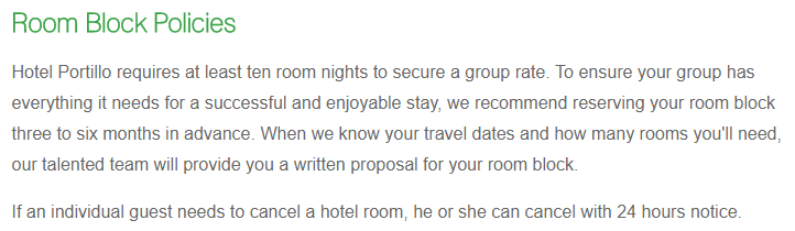 policy section on hotel room block page