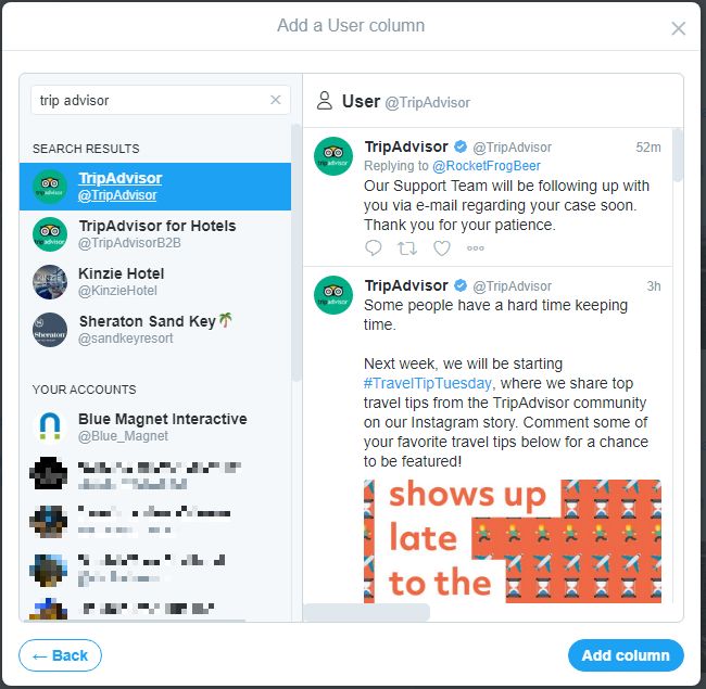 twitter tweetdeck column user tripadvisor