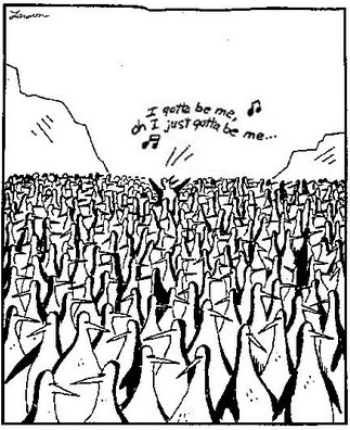 A Far Side cartoon of a singing penguin by Gary Larson