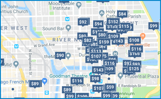 a Google map of hotel prices in Chicago