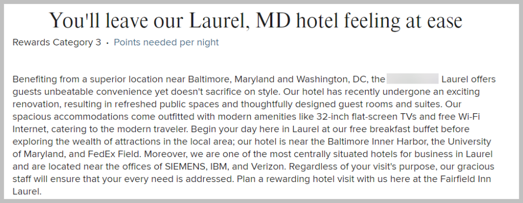 laurel hotel intro text example for unique value propositions