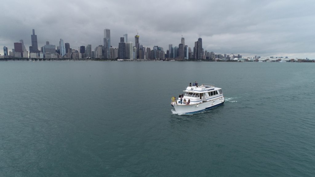 Drone view of Boat Cruise with Chicago skyline