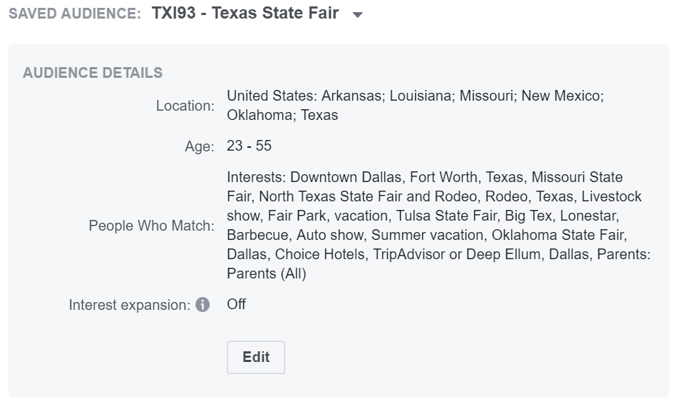 state fair of texas facebook ad targets