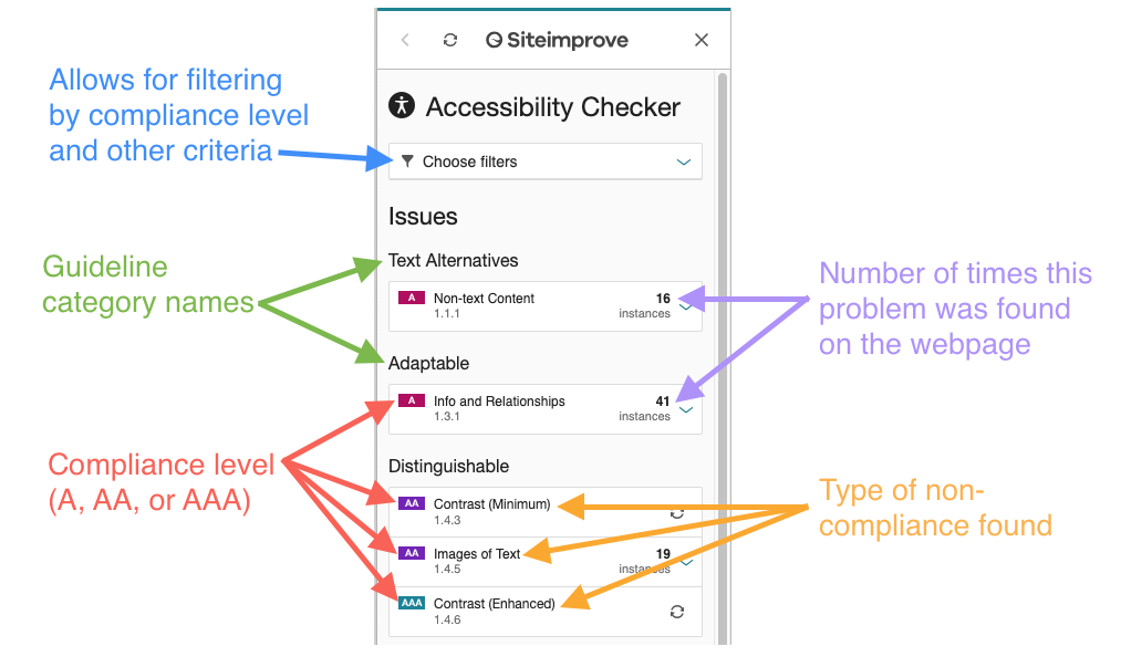 Screenshot of Siteimprove Accessibility Checker with explanation