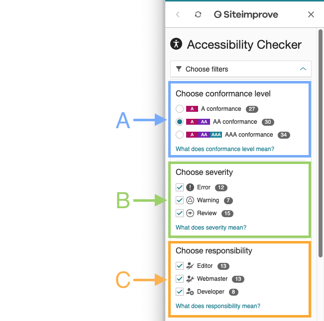 Screenshot depicting the Siteimprove filters