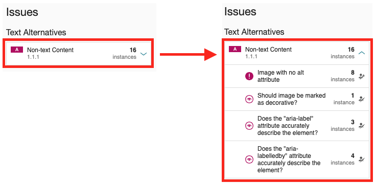 Screenshot showing the details of each issue detected in Siteimprove Accessibility Checker