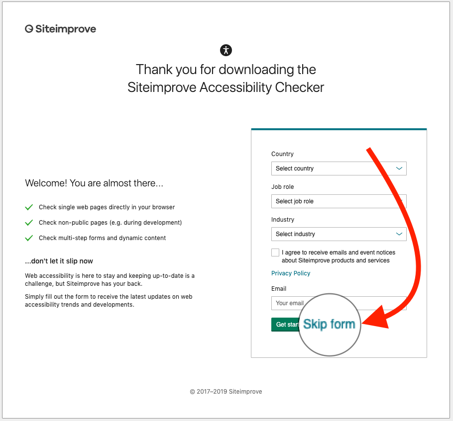 Screenshot of Siteimprove skip form button