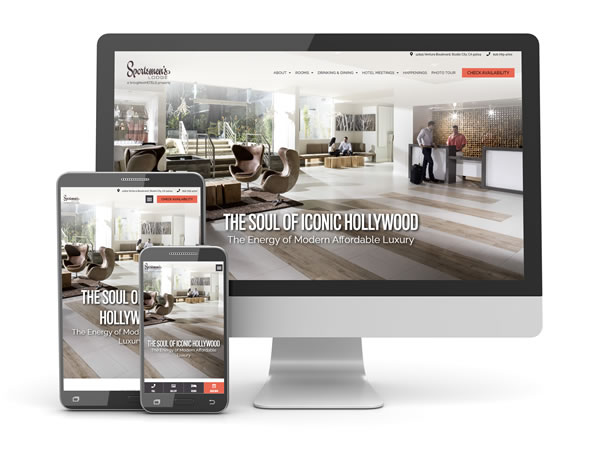 responsive hotel website on desktop, tablet, and mobile phone