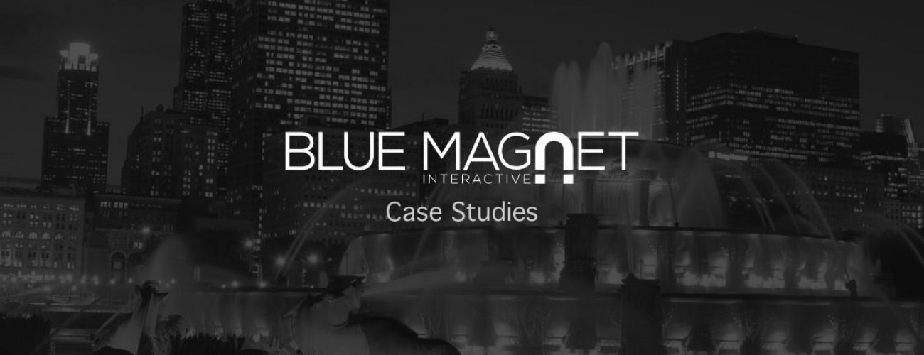 chicago city skyline with buckingham fountain, blue magnet logo and case studies text